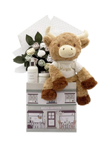 John Lewis Babyblooms Personalised Harriet Highland Cow Welcome Baby Hamper, White- Buy online at McGrocer