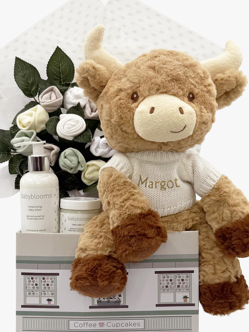 Babyblooms personalised Highland Cow welcome baby hamper, UK version