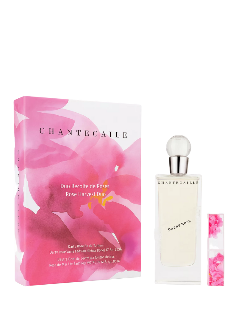 Chantecaille Rose Harvest Duo fragrance gift set with Darby Rose EDP and lip balm, imported from the UK