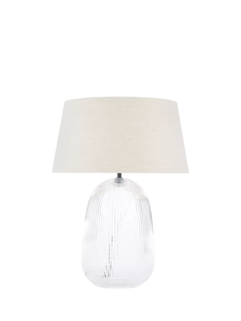 Neptune Malton glass pillar table lamp bronze with linen shade, UK version