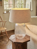 Neptune Malton glass pillar table lamp bronze with linen shade, UK version