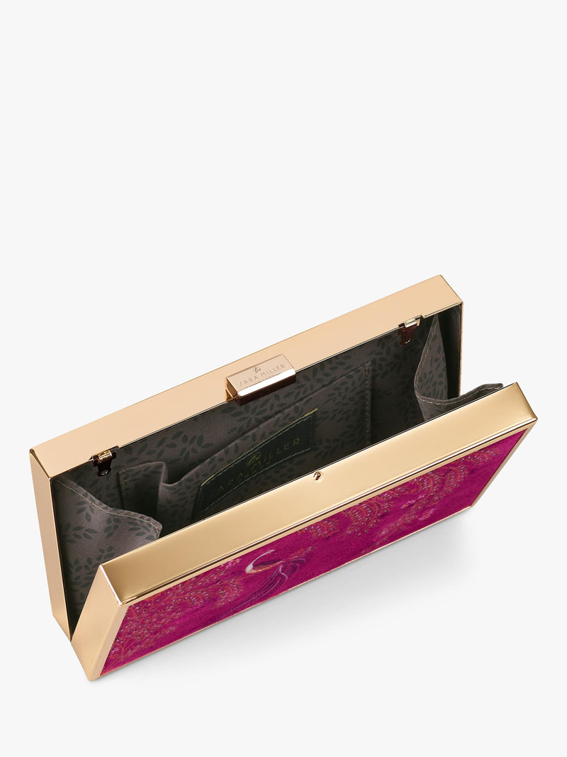 Sara Miller elegant bird velvet clutch bag with gold frame (British brand)