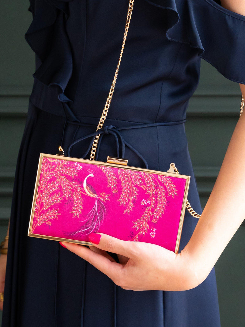 Sara Miller elegant bird velvet clutch bag with gold frame (British brand)
