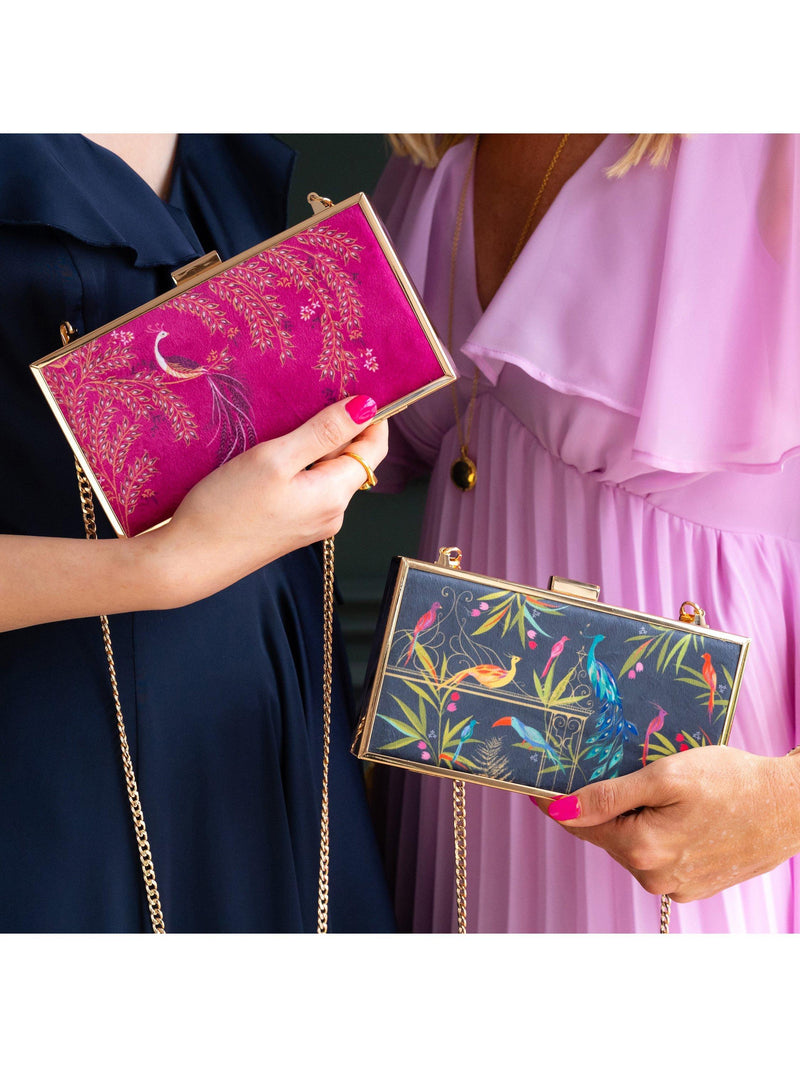 Sara Miller elegant bird velvet clutch bag with gold frame (British brand)