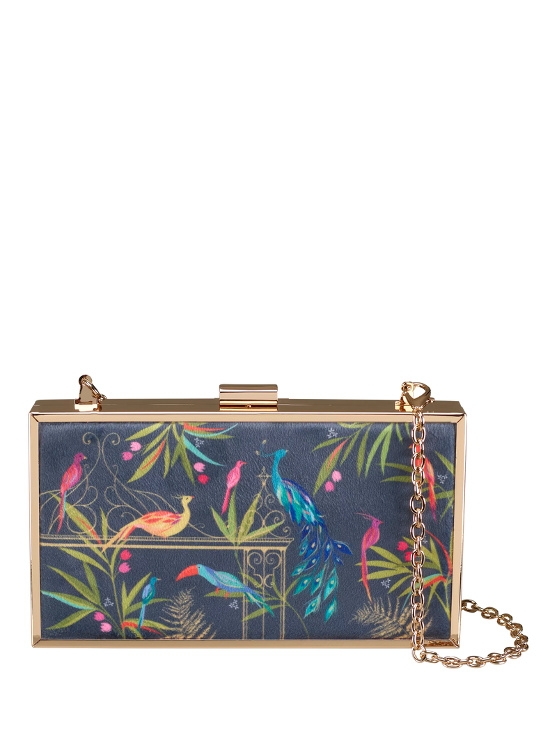 Sara Miller Enchanted Gate velvet clutch bag navy multi, imported from the UK