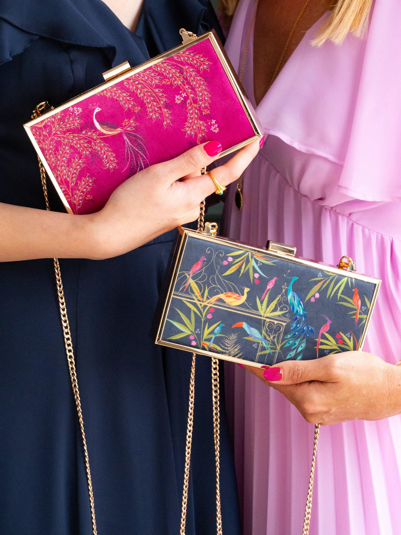 Sara Miller Enchanted Gate velvet clutch bag navy multi, imported from the UK