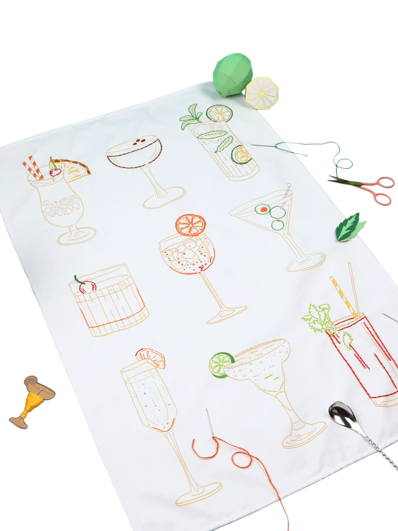 Chasing Threads cocktails teatowel embroidery kit, imported from the UK