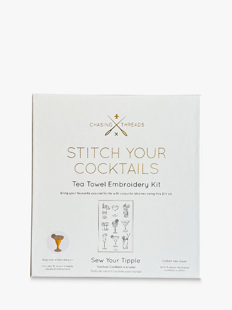 Chasing Threads cocktails teatowel embroidery kit, imported from the UK