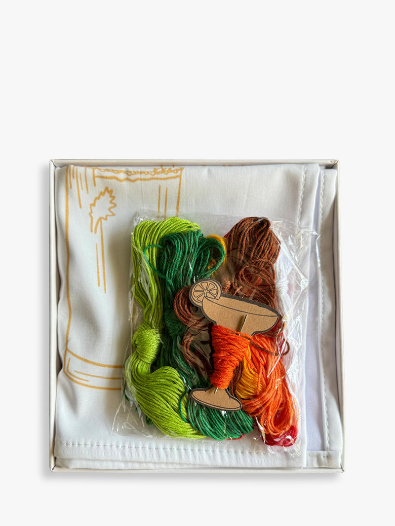 Chasing Threads cocktails teatowel embroidery kit, imported from the UK