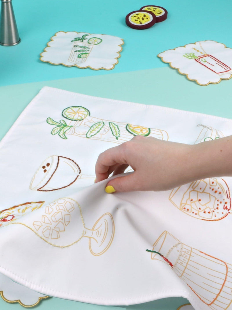 Chasing Threads cocktails teatowel embroidery kit, imported from the UK