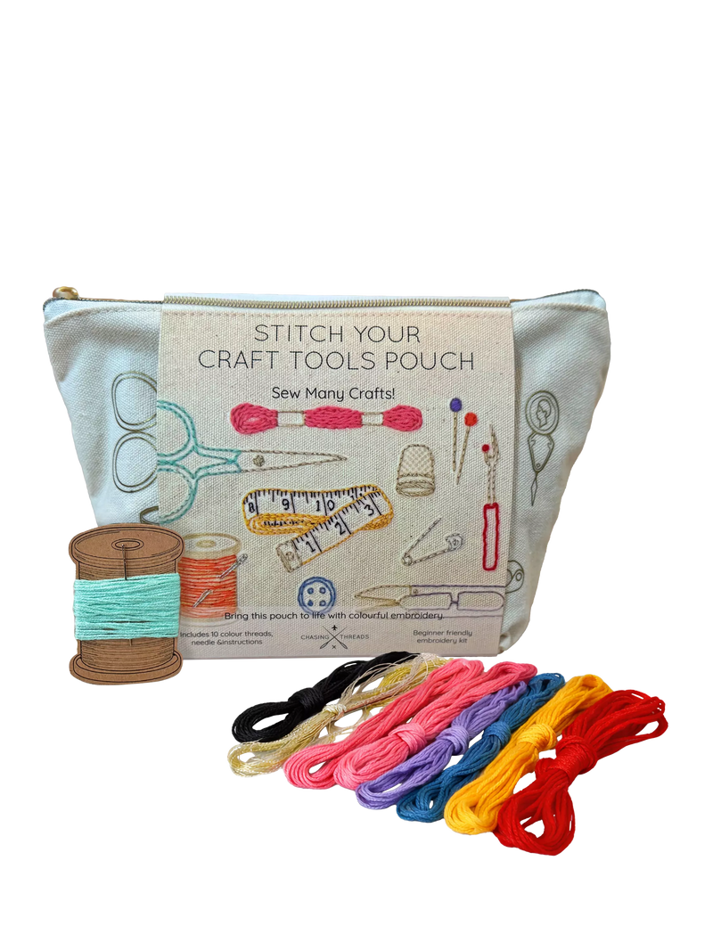 Chasing Threads embroidery kit zipped pouch beginner craft set, UK version