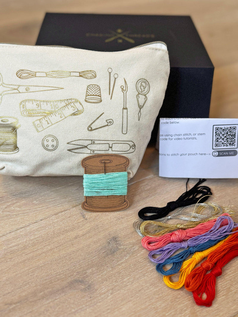 Chasing Threads embroidery kit zipped pouch beginner craft set, UK version