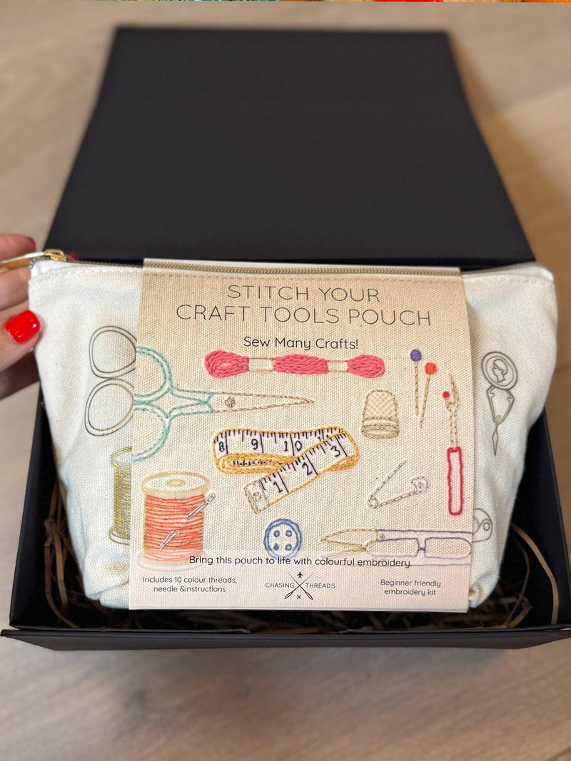 Chasing Threads embroidery kit zipped pouch beginner craft set, UK version