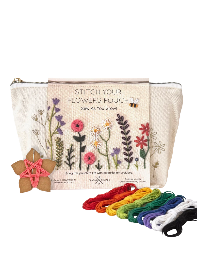 Chasing Threads Flowers Zipped Pouch embroidery kit, UK version