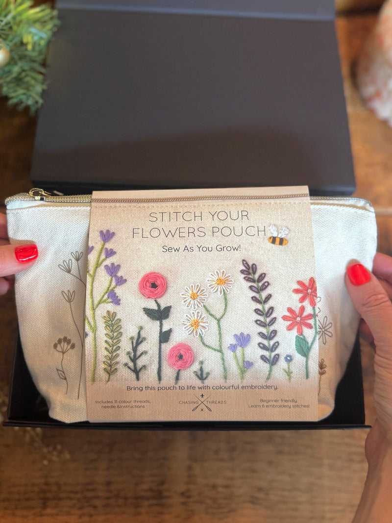 Chasing Threads Flowers Zipped Pouch embroidery kit, UK version