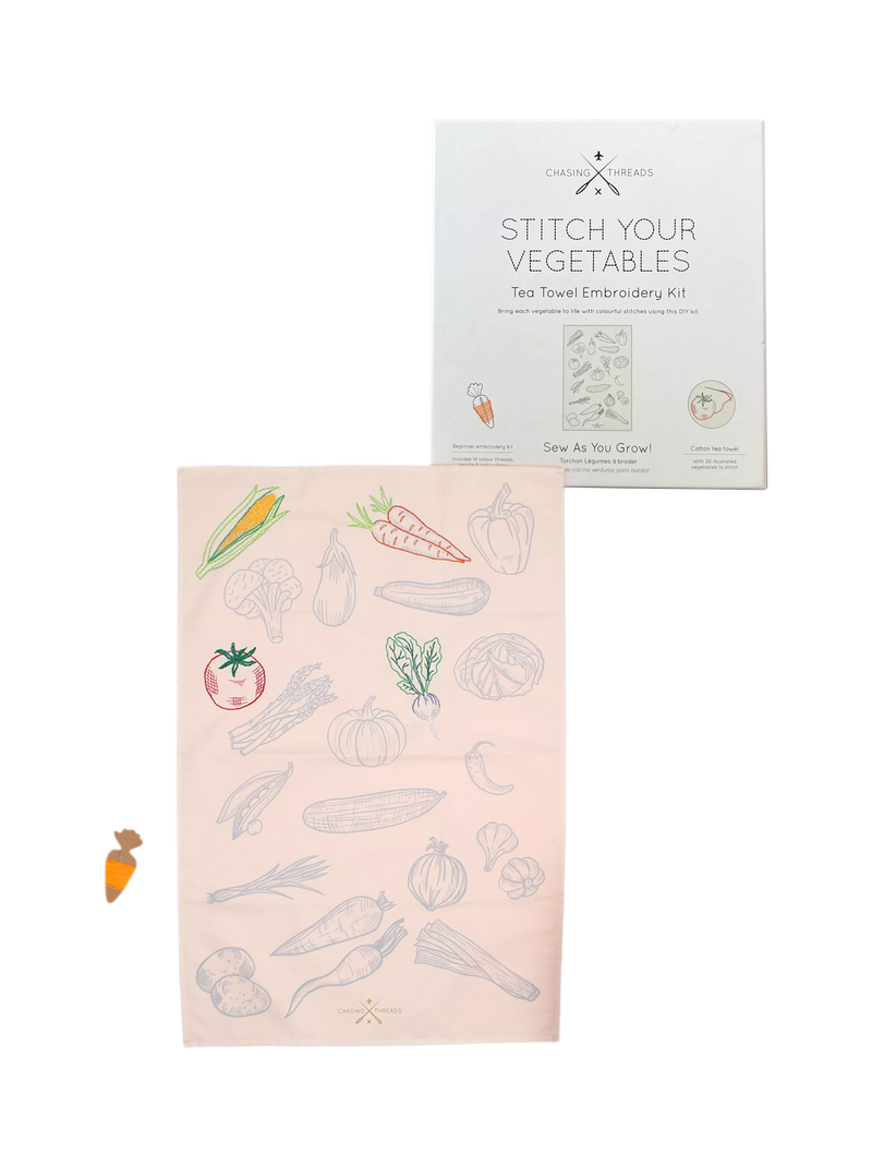 Chasing Threads veggies tea towel embroidery kit - British product
