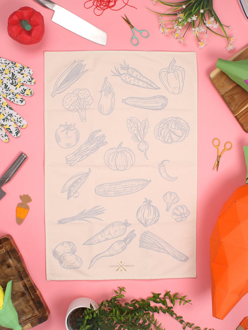 Chasing Threads veggies tea towel embroidery kit - British product