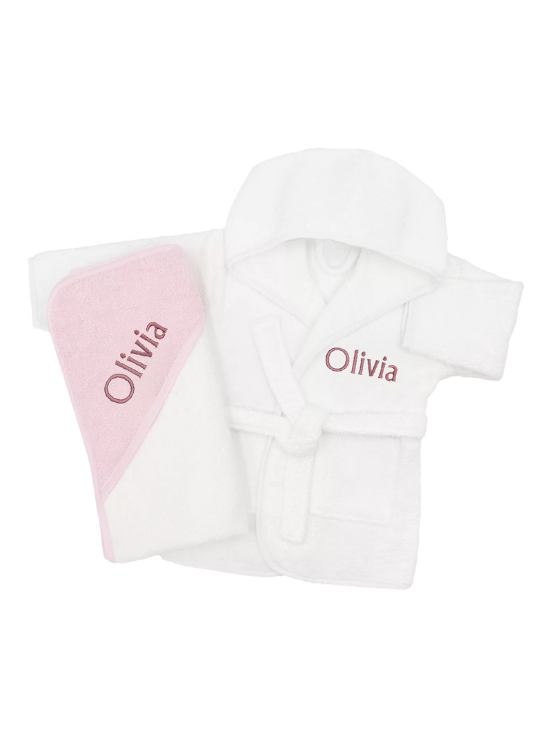 Babyblooms personalised bathrobe and towel set white pink, UK version