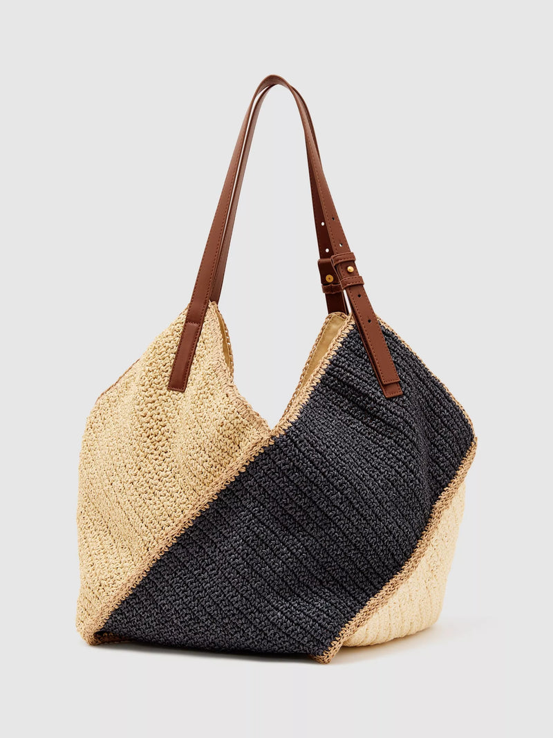 Reiss Farrah raffia effect tote bag navy, imported from the UK