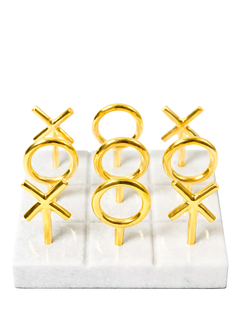 Jonathan Adler tic-tac-toe set marble base brass pieces, imported from the UK