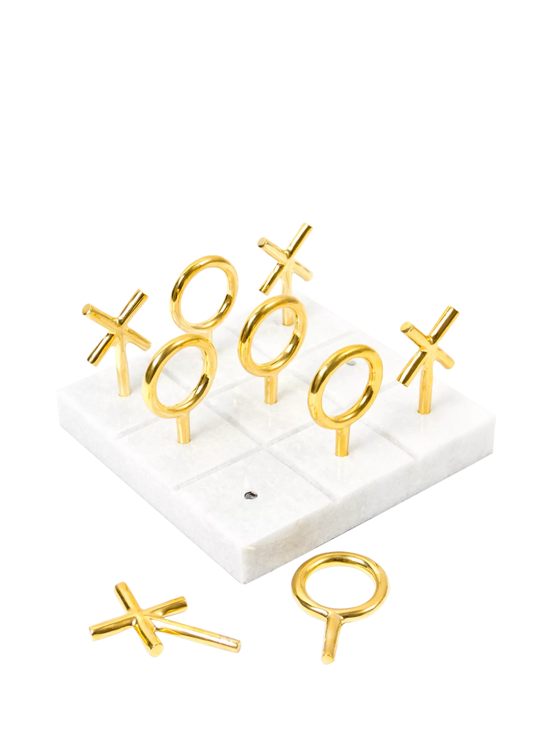 Jonathan Adler tic-tac-toe set marble base brass pieces, imported from the UK