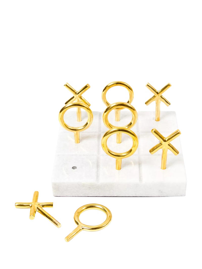 Jonathan Adler tic-tac-toe set marble base brass pieces, imported from the UK