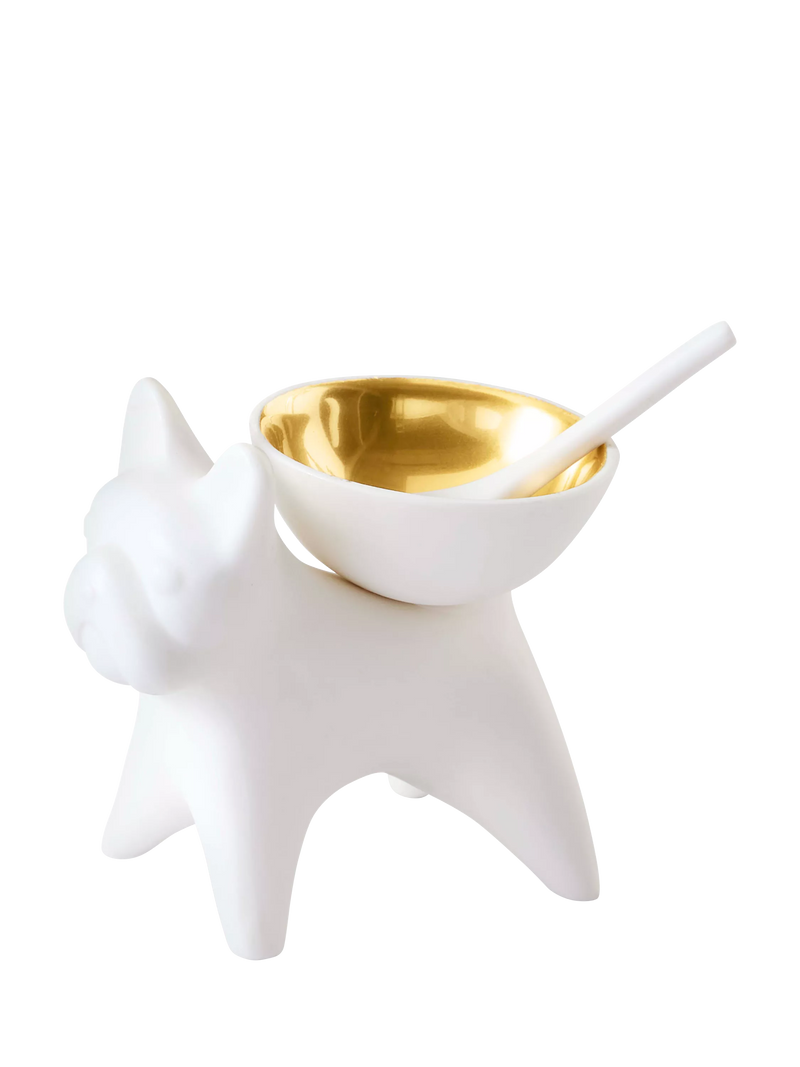 Jonathan Adler French Bulldog salt cellar gold white porcelain - UK version