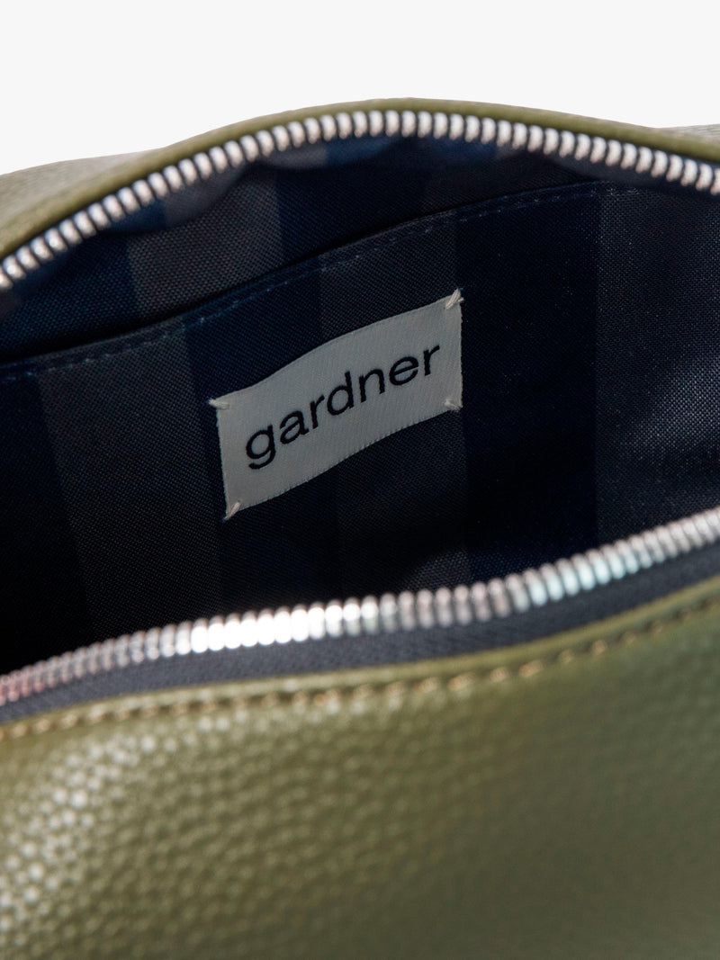 Caroline Gardner large slim wash bag in khaki (British brand)
