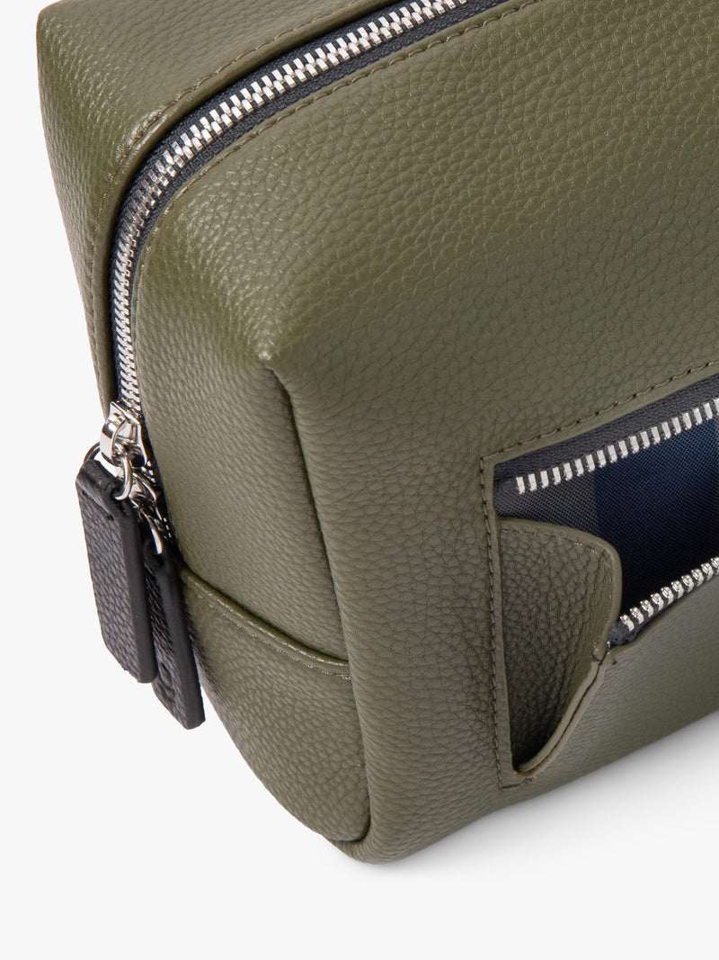 Caroline Gardner large slim wash bag in khaki (British brand)