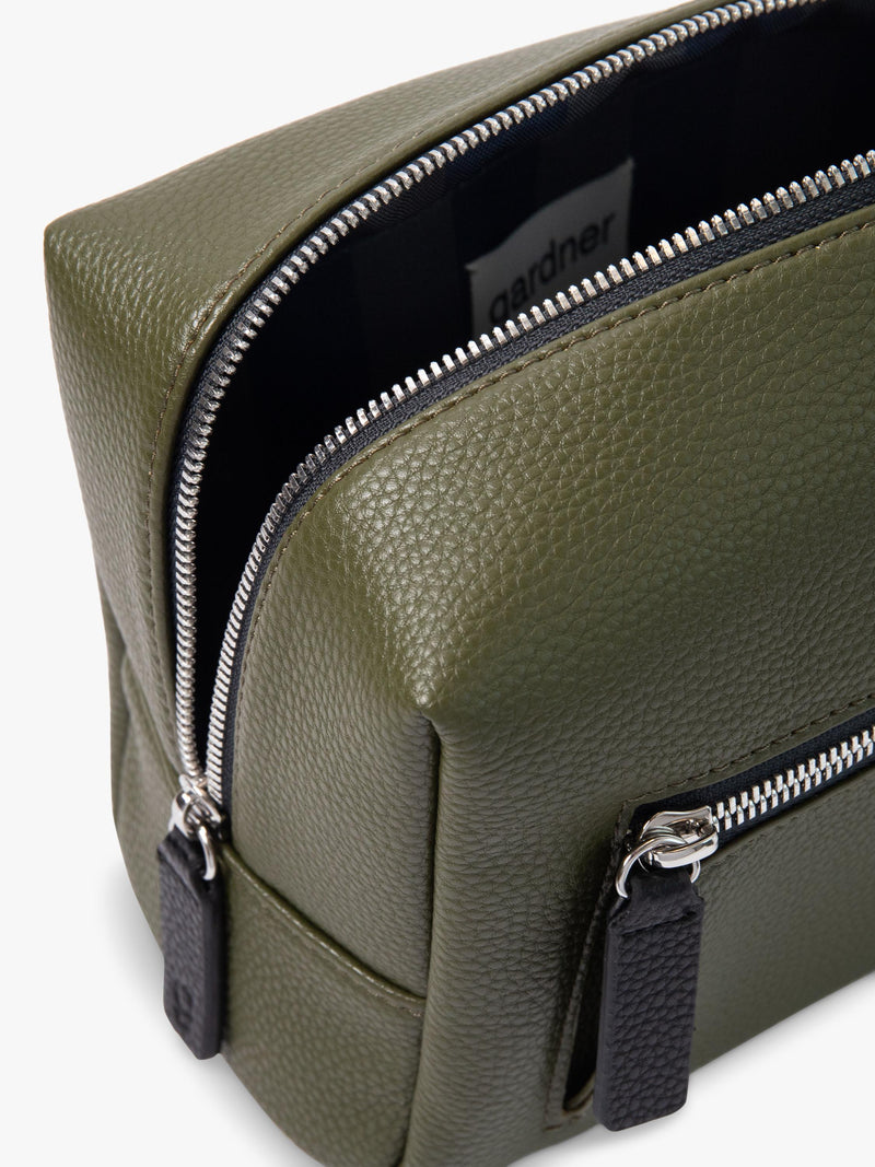 Caroline Gardner large slim wash bag in khaki (British brand)
