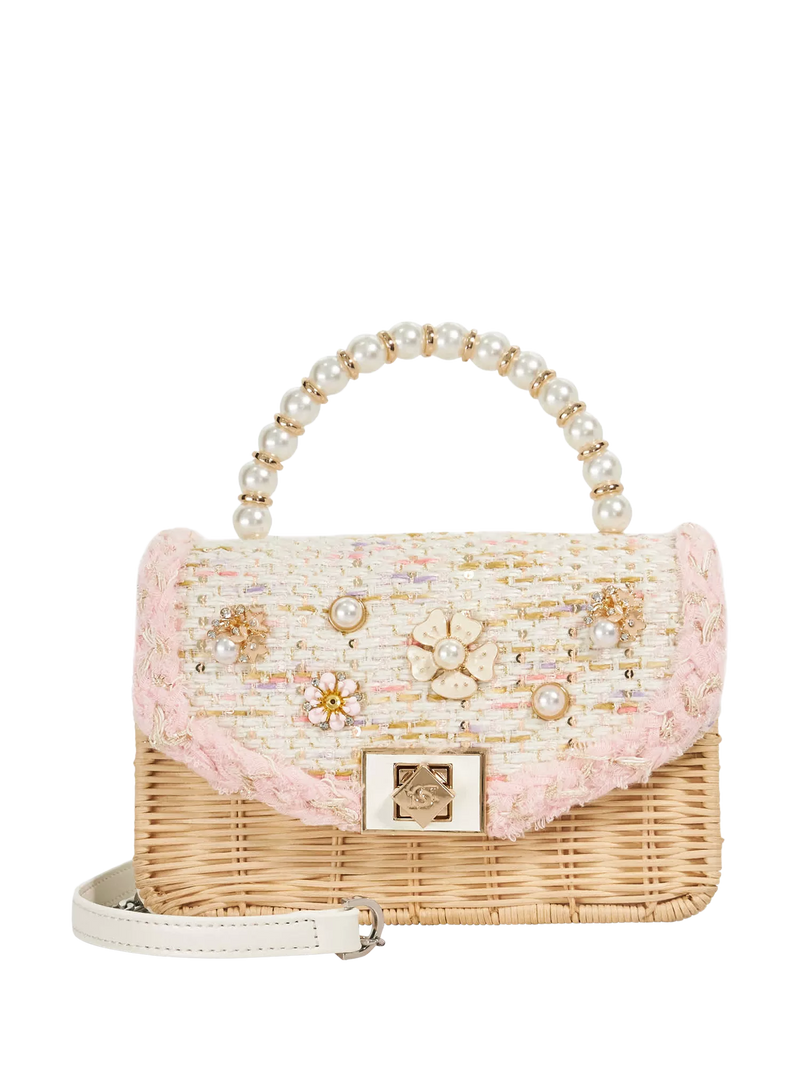 Dune London Blooms Rattan Grab Bag evening bag in brown and pink - British brand