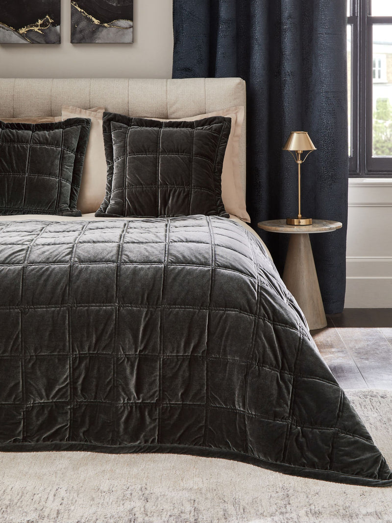 Charcoal grey quilted lustre velvet bedspread, imported from the UK