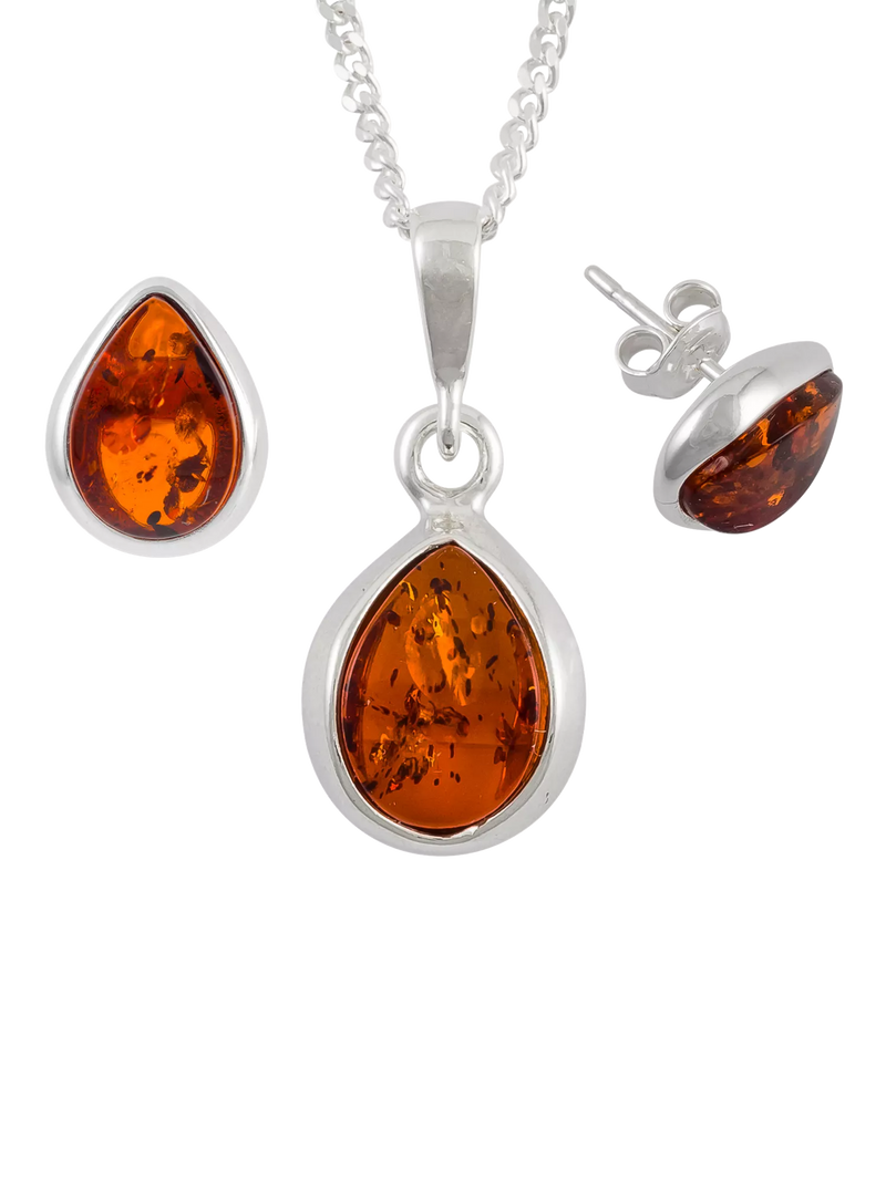 Be-Jewelled Tear Drop Baltic Amber jewellery set, imported from the UK