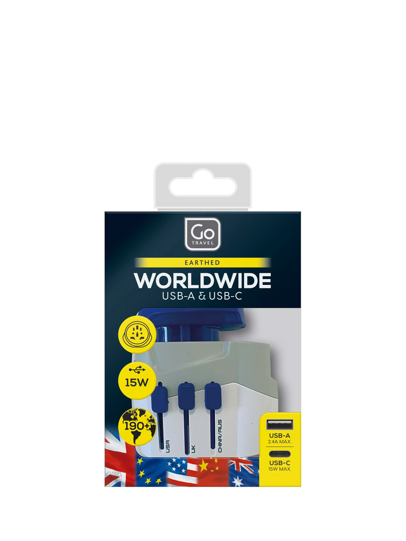 Go Travel USB-A and USB-C travel adapter, imported from the UK