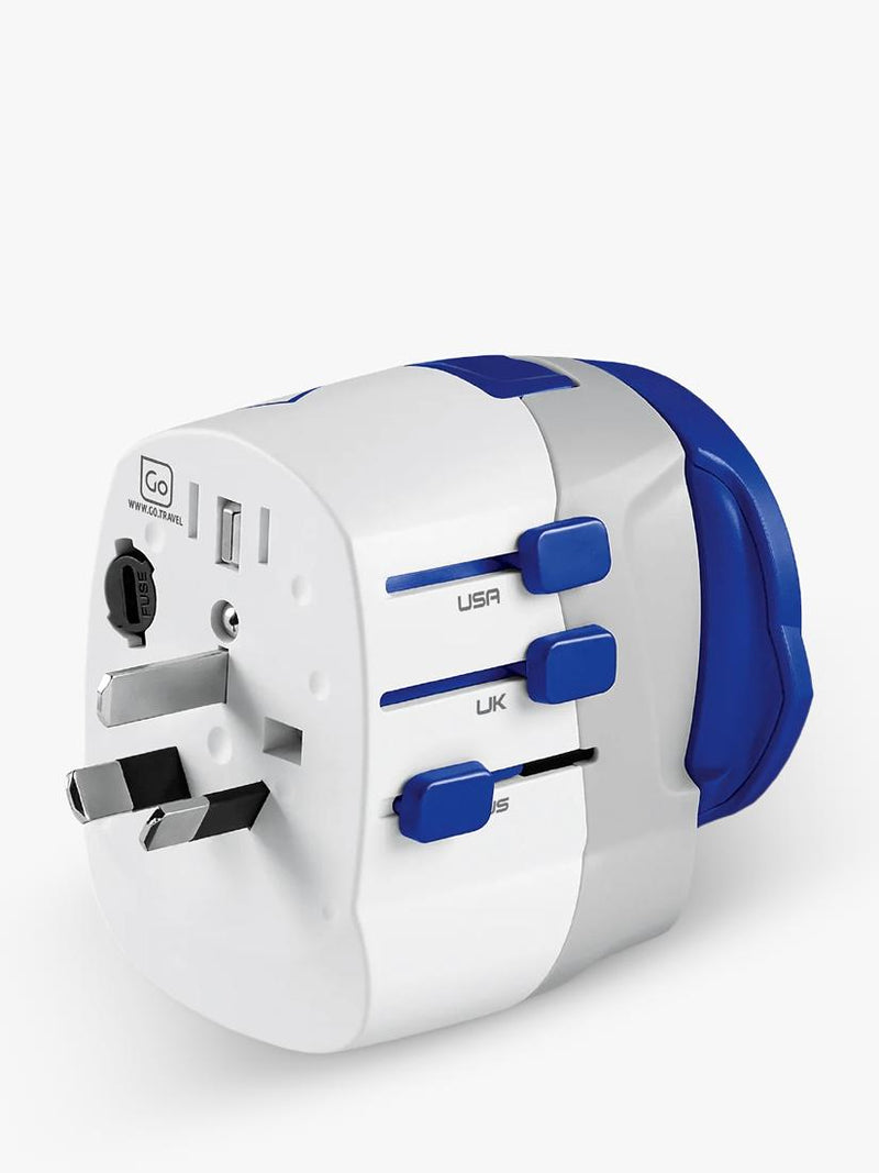 Go Travel USB-A and USB-C travel adapter, imported from the UK