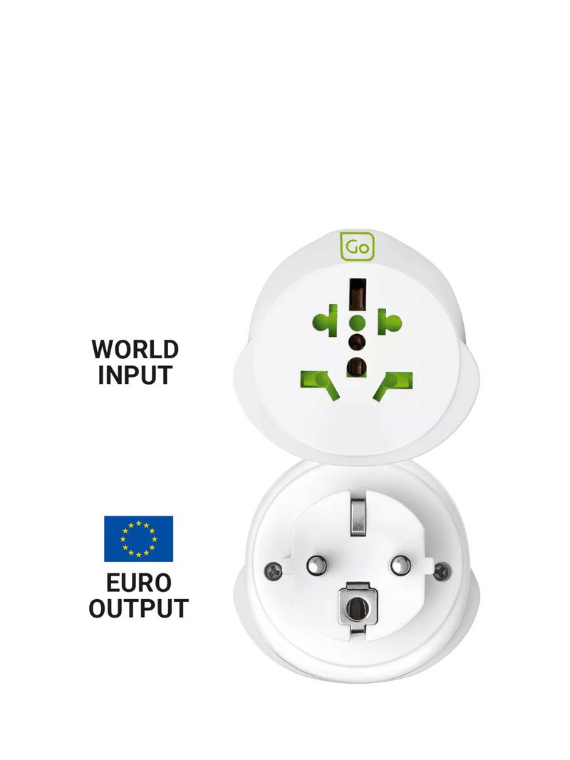Go Travel Europe travel adapter compact lightweight earthed certified, imported from the UK