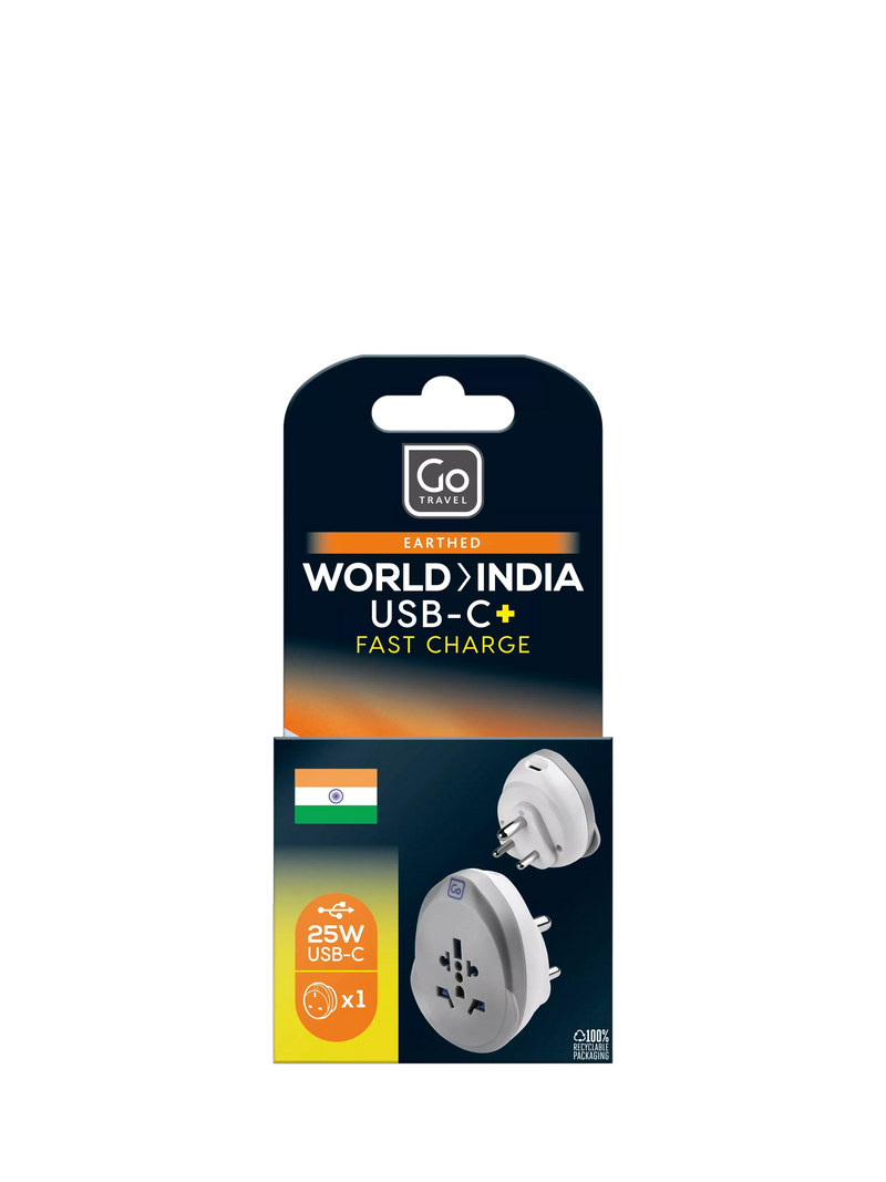 Go Travel India USB-C charger adapter compact design, imported from the UK