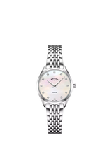 John Lewis Rotary Women's Ultra Slim Mother of Pearl Diamond Watch, Silver Bracelet, 27mm- Buy online at McGrocer