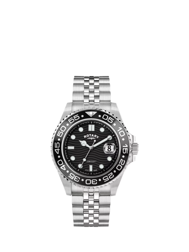 Rotary APEX100 men's watch silver bracelet black dial, UK version