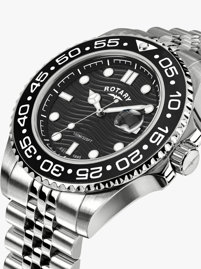 Rotary APEX100 men's watch silver bracelet black dial, UK version