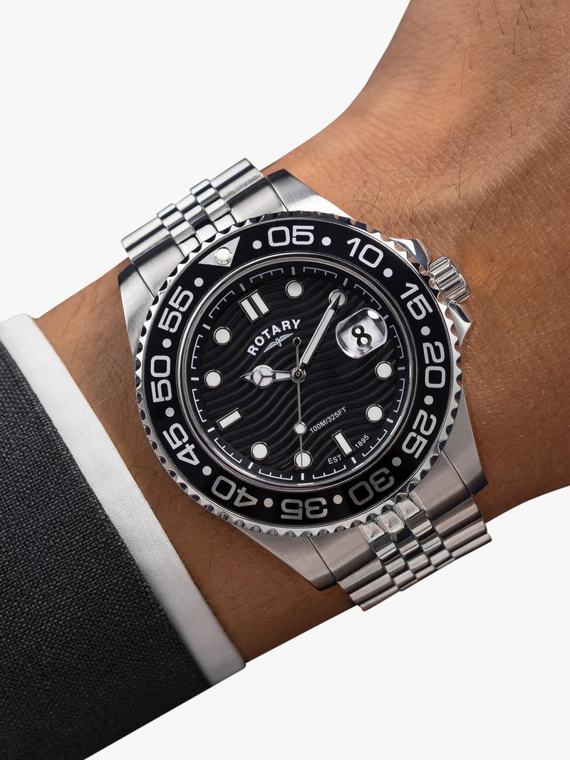 Rotary APEX100 men's watch silver bracelet black dial, UK version