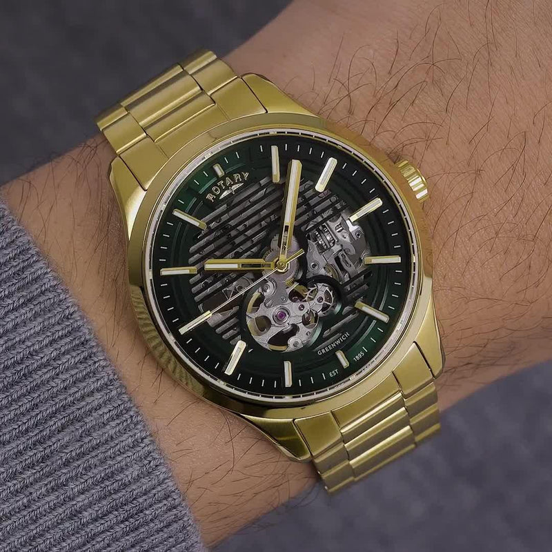 Rotary Greenwich Strata automatic watch gold case green dial 42mm, UK version