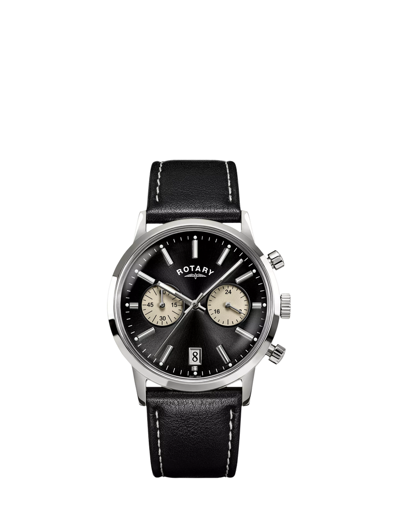Rotary 1895 Chronograph watch with black leather strap, imported from the UK