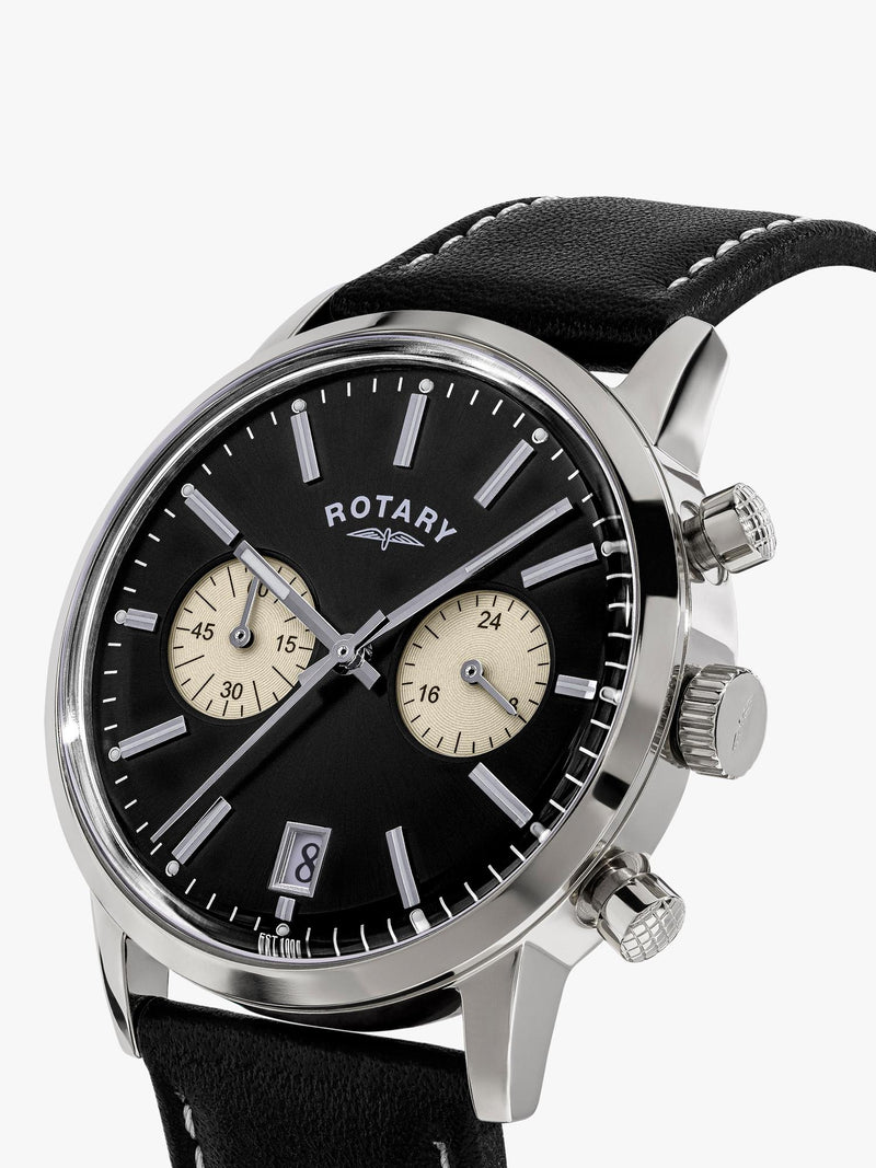 Rotary 1895 Chronograph watch with black leather strap, imported from the UK