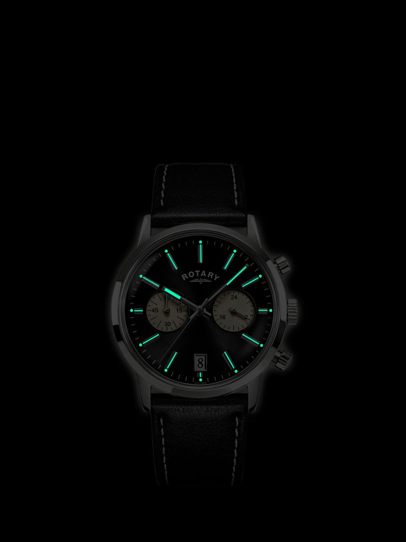 Rotary 1895 Chronograph watch with black leather strap, imported from the UK
