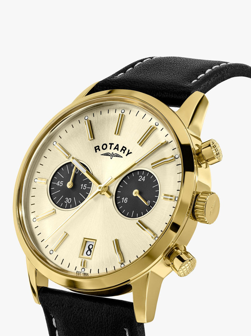 Rotary 1895 Chronograph men's watch gold leather strap, UK version
