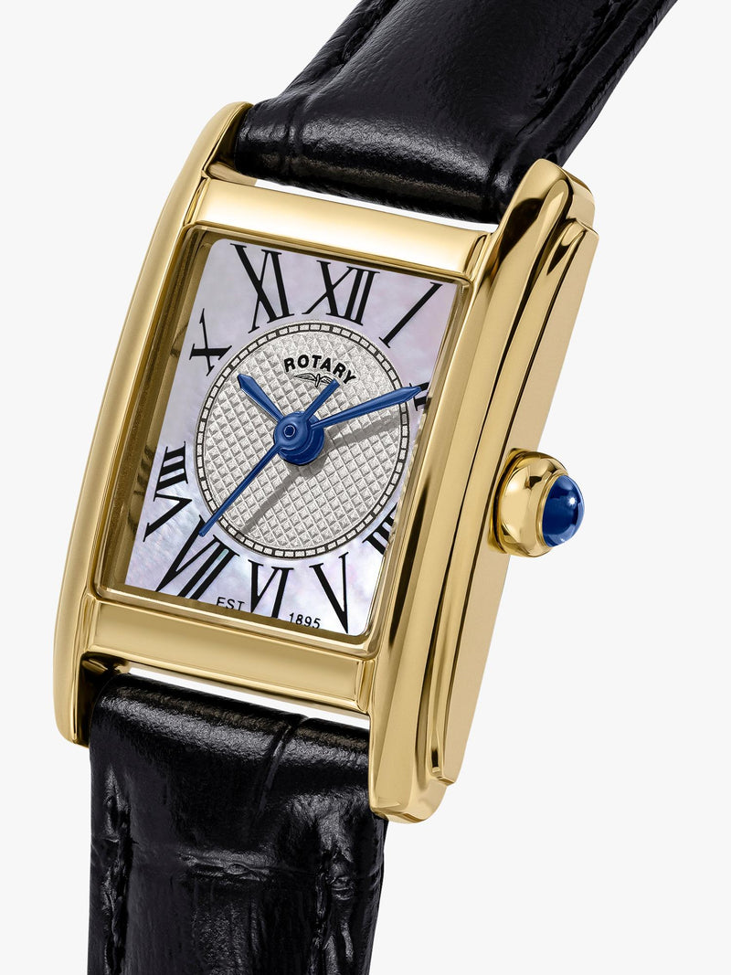 Rotary Heritage Astoria women's gold watch 24mm black leather strap, UK version