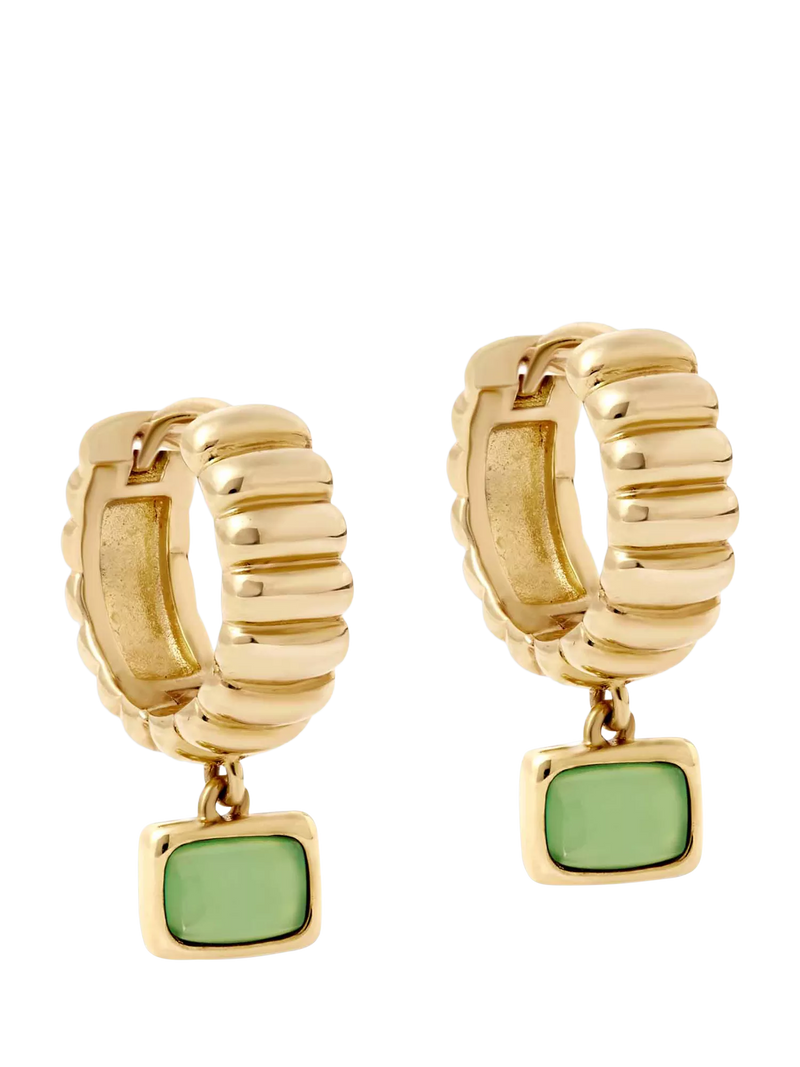 Astley Clarke green chalcedony drop huggie hoop earrings gold vermeil, imported from the UK