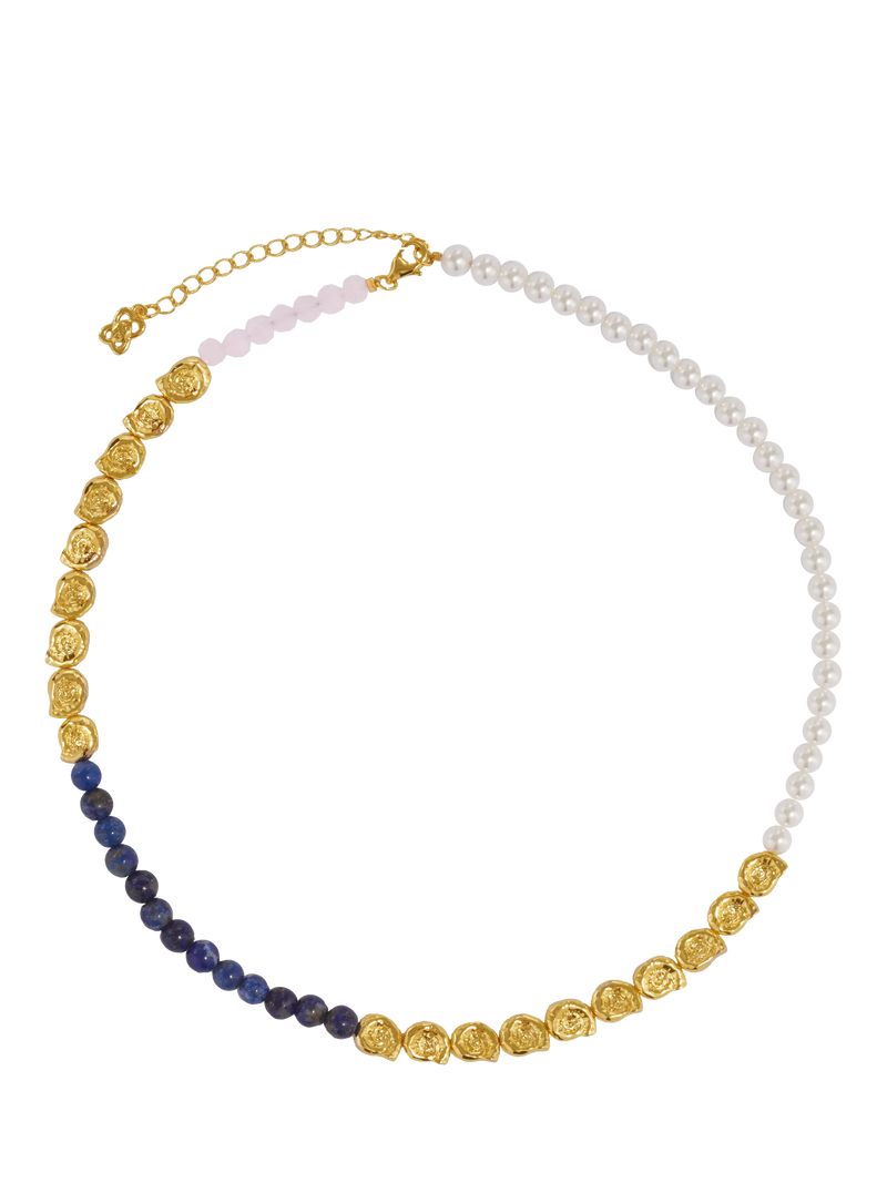 Ottoman Hands lapis pink jade beaded necklace gold, UK version