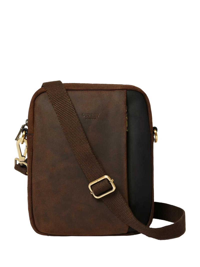 OSPREY LONDON leather messenger bag in chocolate and black, imported from the UK